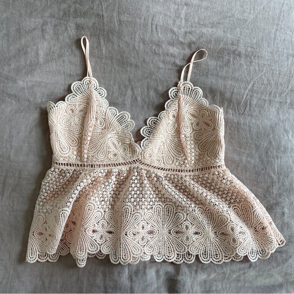 A.PEACH blush pink crochet lace cutout tank top